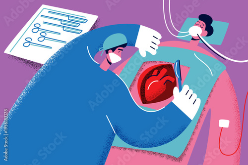 Surgeon with a scalpel operating on a male patient under anesthesia in open heart surgery in surgical room with tools in flat corporate memphis style. Vector illustration.