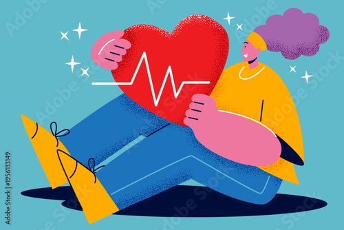 Woman sitting and holding a huge red heart with heartbeat line and stars in flat corporate memphis style. Heart healthcare concept. Vector illustration.