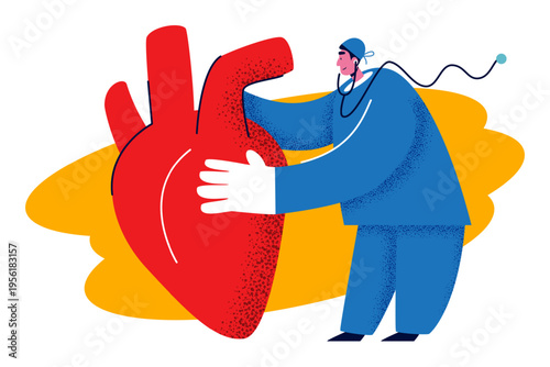 Male surgeon in medical uniform examining and holding a huge red human heart with stethoscope in flat corporate memphis style. Vector illustration.
