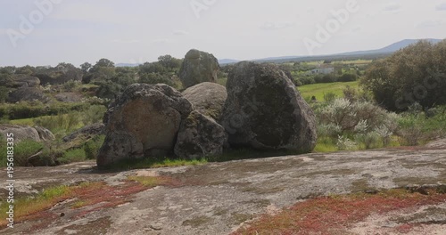 Granite rock formations and vegetation in Los Barruecos natural landscape.