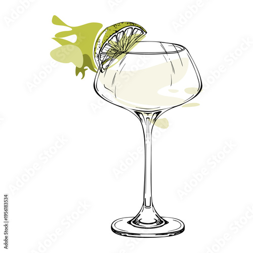 Margarita, daiquiri cocktail in flat vector, lime on rim, clear spirits like gin tonic, tequila, sambuca. Minimal gradient shading, elegant shape hand drawn in ink. Culinary branding, summer decor.