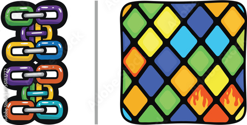 Vector graphics featuring a vertical stack of colorful interlaced chain links and a vibrant rainbow diamond-grid patch with small fire icons, both styled with bold black outlines and a glossy finish.