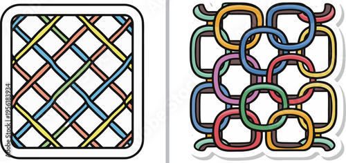 Vector set featuring two colorful mesh designs: a square sticker with a vibrant diagonal grid and a playful pattern of interlocking rounded square chain links in multiple colors.