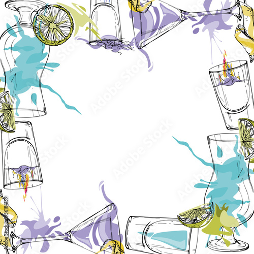 Blue Lagoon and Aviation cocktails, Flaming Sambuca and Blue Kamikaze shots frame in clean ink vector style. Hand drawn border for nightlife branding, event invites, digital layouts and cocktail kits.