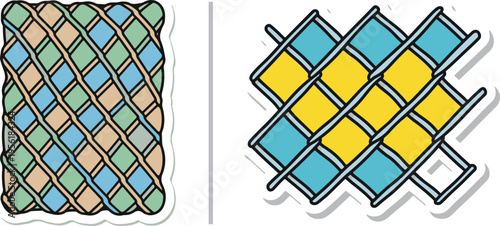 Vector graphics featuring two stylized mesh patterns: a tight weave of teal, green, and tan diamonds on the left, and a bold, interlaced yellow and cyan grid on the right with white borders.