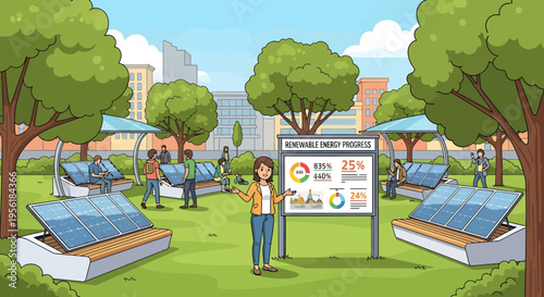 Woman presenting solar energy information in a park.