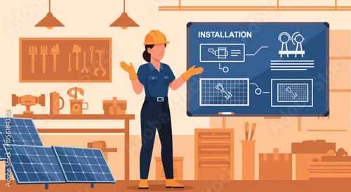 Woman technician explaining solar panel installation diagram.
