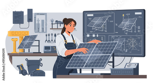 Woman Technician Inspecting Solar Panel in Workshop.