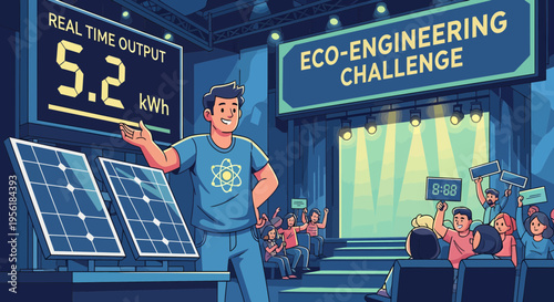 Young man presenting solar energy technology at eco engineering challenge.