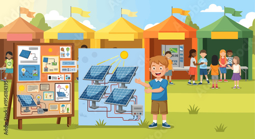 Young boy proudly presenting solar panel project at science fair.