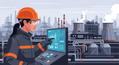 Female engineer monitoring industrial process on computer screen.