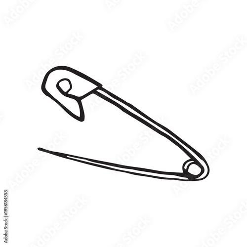Hand drawn safety pin sketch, open metal safety pin with clasp, sewing stationery supply icon, bold line art black ink isolated on white background