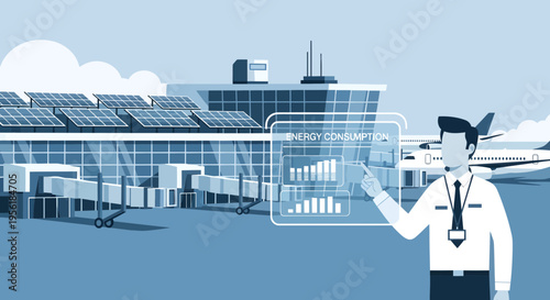 Pilot Interacting with Futuristic Airport Data Interface.