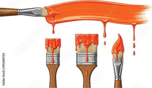 Paint brushes with orange dripping paint stroke creative art tools liquid splash vector illustration collection