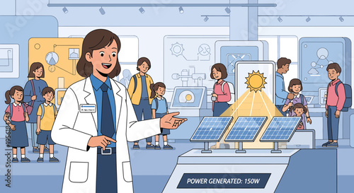 Scientist explaining solar power to young students in a museum.