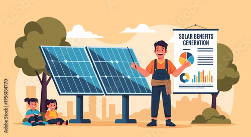 Solar energy expert explaining benefits to children.