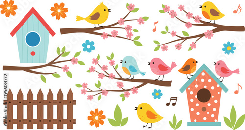 Spring birds and birdhouses scene with flowers branches and fence cute nature cartoon vector illustration