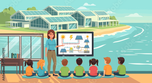 Teacher explaining renewable energy to young students in classroom.