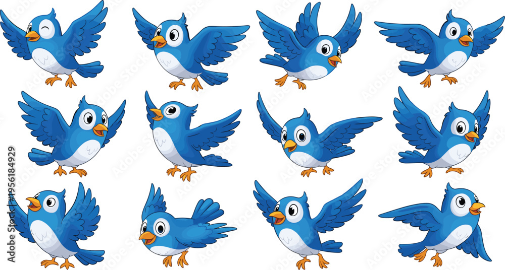 Obraz premium Cute blue birds flying collection with different poses cartoon animal characters playful vector illustration set