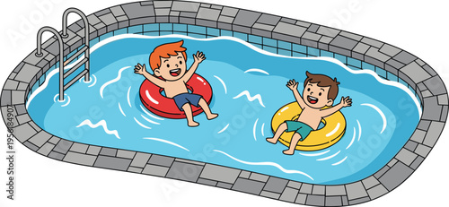 Children swimming in pool with inflatable rings summer vacation fun water activity cartoon vector illustration