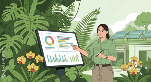 Woman presenting data in a botanical garden setting.