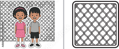Vector set featuring a young boy and girl standing in front of a wire mesh pattern, alongside a separate square-bordered black and white chain-link fence texture.