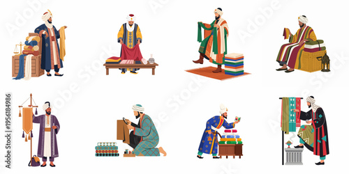 Set of illustrations depicting traditional Middle Eastern merchants and textile traders in authentic historical costumes, selling carpets and fine fabrics.