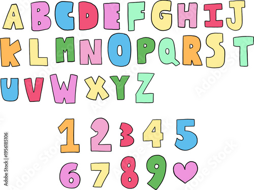 Hand drawn vector illustrations of a to z alphabet letters and numbers for font, typography, text, message, words, campaign badge, initials, name, cute patch, sticker, pin, brooch, logo design, tattoo