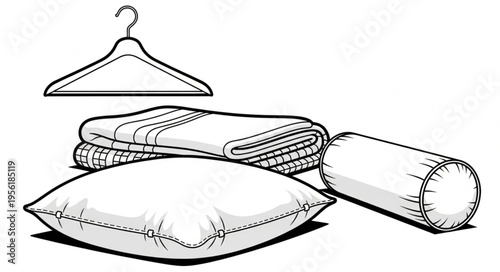 Illustration of Hanger, Folded Blanket, Pillow, and Bolster.