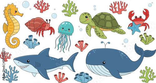 Cute sea animals collection with whale shark turtle jellyfish crab and coral underwater cartoon vector illustration set