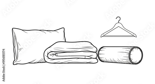 Cozy Bedroom Essentials - Pillow, Blanket, Bolster, and Hanger Illustration.