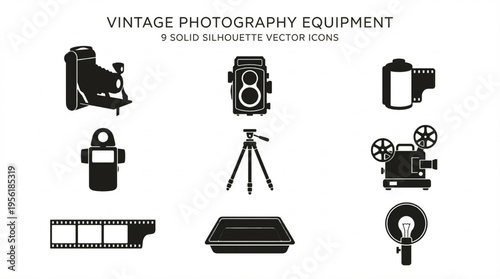 A Comprehensive Collection of Solid Silhouette Vector Icons Representing Classic Photography and Cinematography Equipment