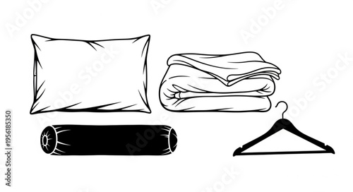 Cozy Comforts - Pillow, Blanket, Roll, and Hanger Illustration.