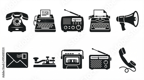 Collection of vintage communication devices and technology old telephone, typewriter, radio, and megaphone icons