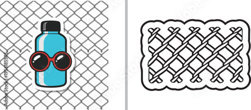 Vector illustration of a blue water bottle wearing red sunglasses against a diamond wire fence background, alongside a separate white-bordered patch of interlaced chain-link mesh.