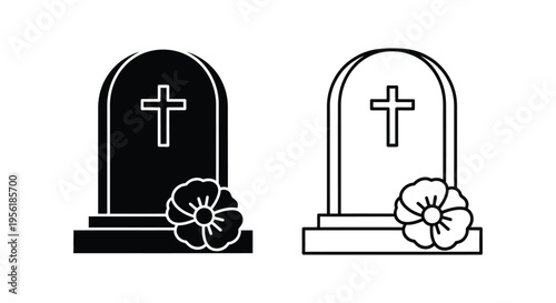 Tombstone with Poppy Flower Icon Set Vector