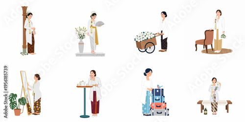 Flat Illustration Set of a Woman in Traditional Indonesian Kebaya Dress Performing Various Elegant Daily Activities and Posing in Different Settings.