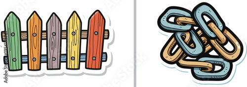 Vector illustration of a vibrant, multi-colored wooden picket fence next to a pile of interlocking blue and tan chain links, styled with a playful, hand-drawn aesthetic.