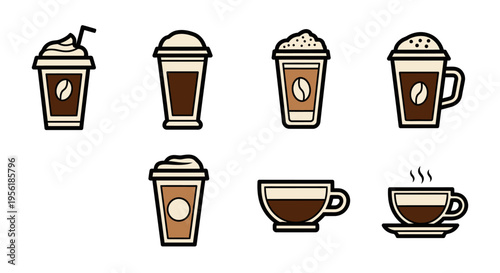 Collection of various coffee drinks with different styles and designs.