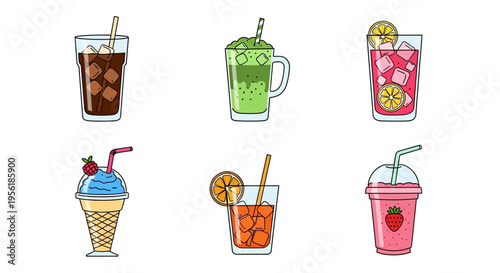 Colorful and refreshing summer drinks in glasses with ice and straws, vector illustration.