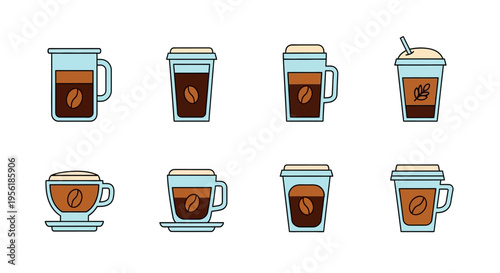 Collection of various coffee drinks in different cups and glasses, vector illustration.