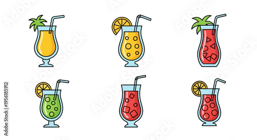 Colorful vector illustration of various refreshing summer cocktails with straws and garnishes.