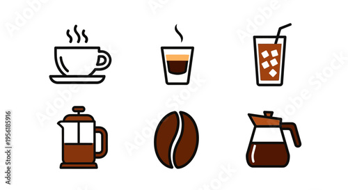 Collection of coffee icons representing different types of coffee drinks and beans.