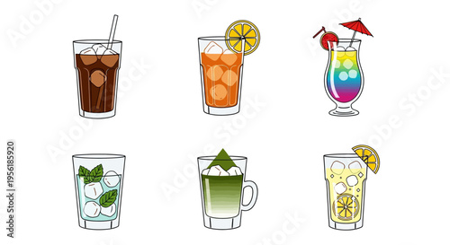 Colorful illustration of various refreshing summer cocktails and drinks.