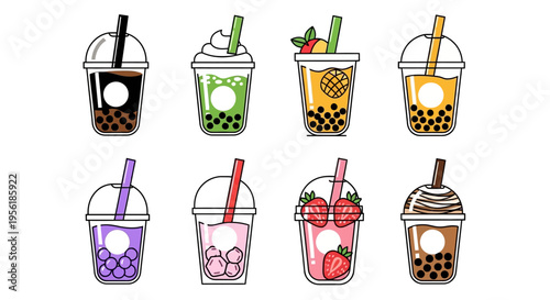 Delicious assortment of colorful bubble tea drinks with various flavors and toppings.