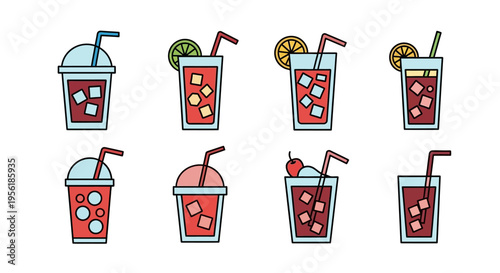 Colorful vector illustration of various refreshing summer drinks with ice and straws.
