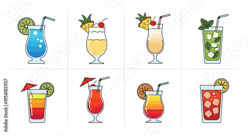 Colorful cocktail drinks with various fruits and garnishes on white background.