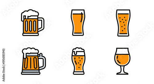 Set of six different beer glasses with foam and bubbles in vector illustration.