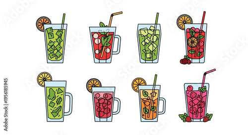 Colorful and refreshing summer drinks with fruit slices and straws on white background.