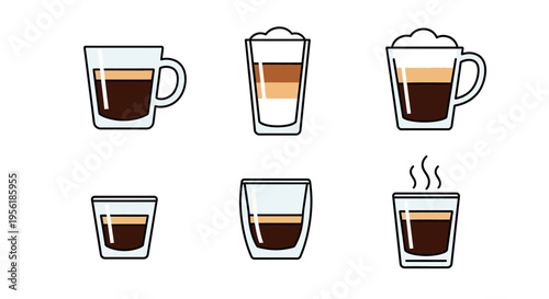 Variety of coffee drinks in different glasses with steam and foam.